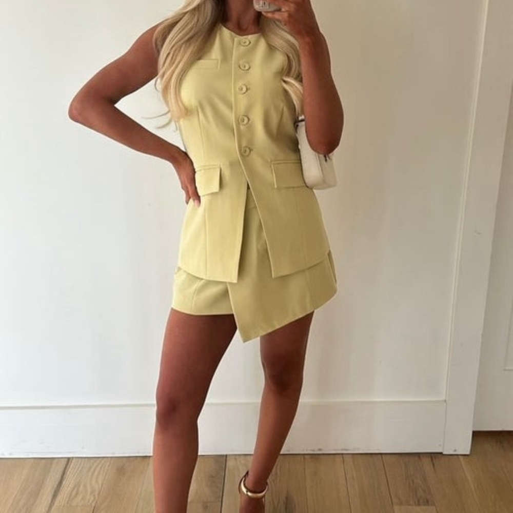 Stylish Yellow Button-Up Vest and Skirt Set